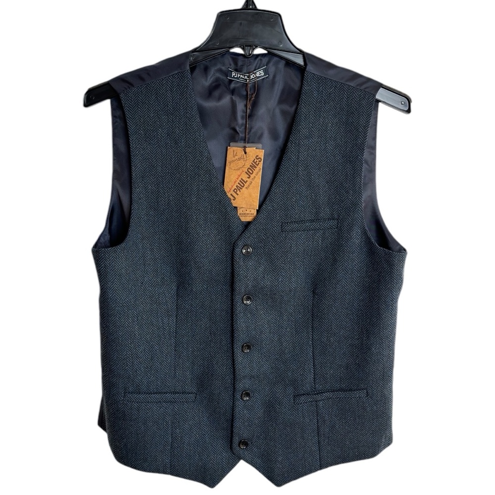 Paul Jones Wool Blend Navy Tweed Herringbone Waistcoat Vest Mens Medium Classic - Picture 1 of 13